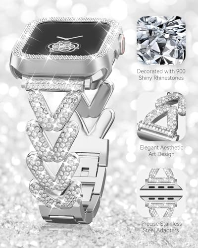 Image of Rhinestones Encrusted Metal Bracelet and Case, Compatible with Apple Watch Bands 38mm-49mm (Series 11 /10 /1 /SE /Ultra 2)- Bling Gold Women's Jewelry Strap, Luxury iWatch Bracelet