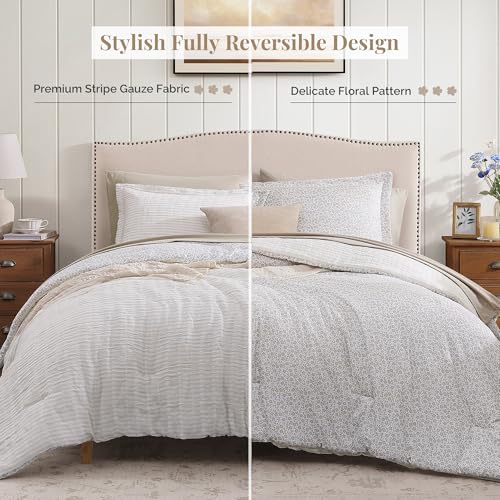 King Comforter Set - 7 Pieces Beige Gauze Muslin Bedding Sets for All Seasons, Lightweight Breathable Bed in a Bag King with Revesible Farmhouse Comforter, Sheets, Pillowcases & Shams