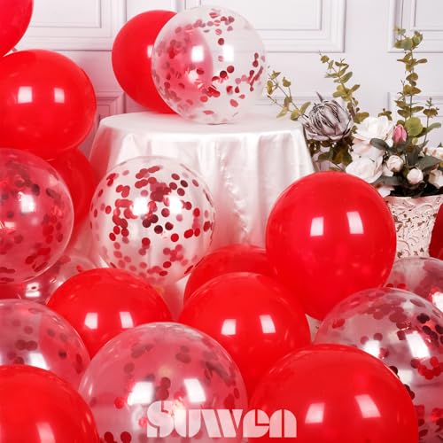 Image of SUWEN Red and Confetti Balloons Set 47PCS Shiny Latex Helium | Red Balloon for Birthday Valentine Mother's Day Anniversary Party Decorations