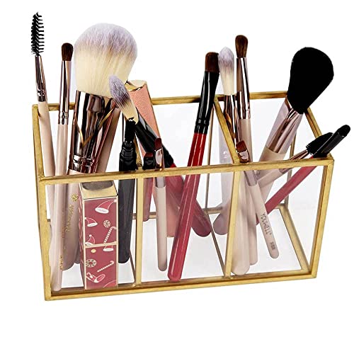 Image of NIUBEE Acrylic Pen Holder 3 Compartments, Gold Pencil Organizer Cup for Countertop Desk Accessory Storage