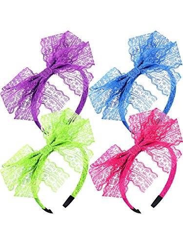 Blulu 4 Sets 80's Lace Headband with Bow for Women 80s Hair Accessories for Retro 80s Clothing Theme Party(Red, Fluorescent Green, Lake Blue, Purple)