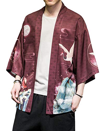 Image of Men's Japanese Kimono Robe Jacket Lightweight 3 /4 Sleeve Open Front Yukata | Silky Smooth Fashion Print Happi Coat Lightweight Breathable Loose Unisex Haori Casual Summer Cardigan Daily Beach Vacation