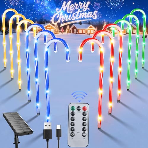 Qoosea 12er Pack Solar Zuckerstangen Lichter Outdoor, Solar Wegeleuchten mit 72 LED 8 Beleuchtungsmoden Fernbedienung, Wasserdichte Solarbetriebene Landschaftslichtstäbe für Garten Yard Weihnachtsdeko