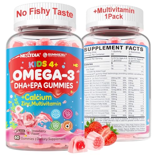 Nextdia Omega 3 (EPA/DHA) Filled Gummies for Kids Teen with Multivitamin Calcium + D3 + K2 + Zinc Plus Vitamin A B1 B2 B12 C Selenium Iodine for Brain Eye Bone Energy No Fish Taste Sugar Free