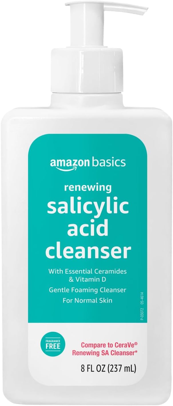 Amazon Basics Exfoliating Face Wash Cleanser, Renewing Salicylic Acid with Ceramides & Vitamin D, Foaming Formula, Smooths Skin, 8 fl oz