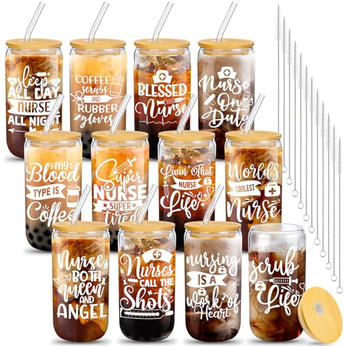 Uiifan Lot de 12 gobelets en verre en forme de canette de 473,6 g avec couvercles et paille pour infirmière, cadeau amusant pour la semaine des infirmières,...