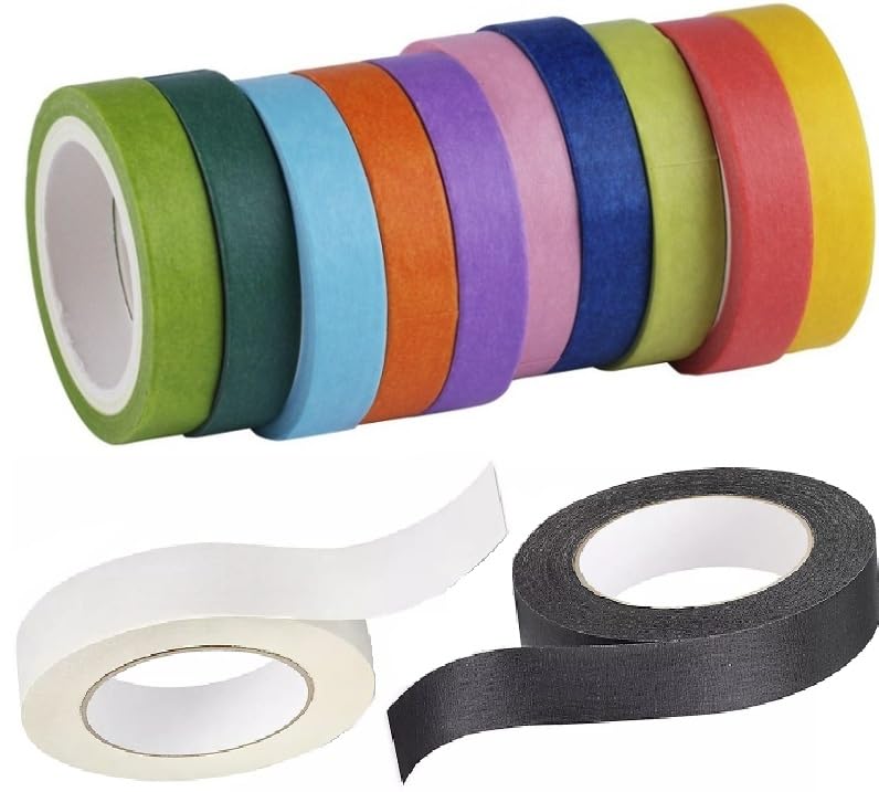 Colored Masking Tape, 15mm Wide x 22.8m Long, 12 Rolls, Black & White & Rainbow Colors for Arts, Crafts, DIY, Labeling, and Decoration