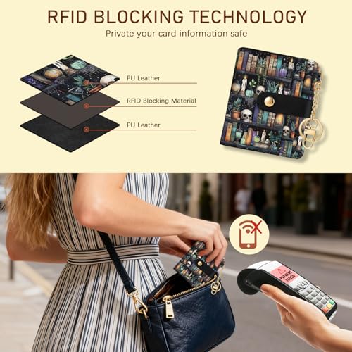 Image of Jogjam Bookshelf and Skull Goth Gothic Skeleton Rfid Women Wallet, Small Slim Thin Compact Travel Credit Card Wallet, PU Leather Bifold Cash Wallet, Zipper Coin Pocket ID Window, Female Ladies Gifts