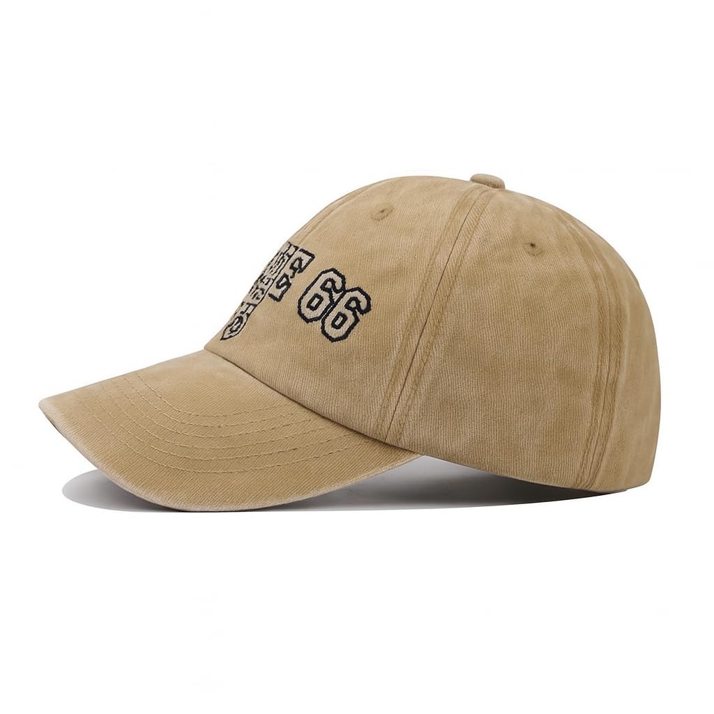 Gorras de béisbol Vintage de algodón Lavado para Mujeres y Hombres, Classic Route 66 Bordadas, protección Solar, Caqui, Medium/Large