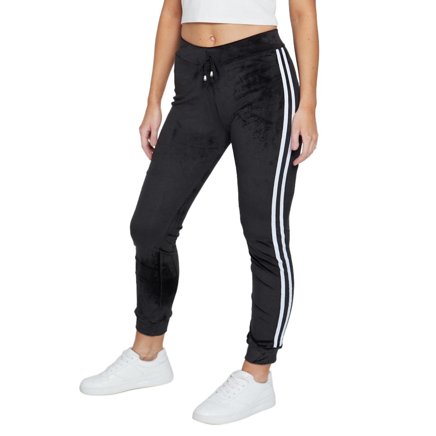 Women's Velour Jogger Sweatpants – Soft Velvet Tracksuit Bottoms with Side Stripes, High Rise, Elastic Waistband (8-14) Black