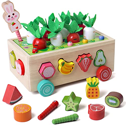 SHIERDU Montessori Toys for 1 and 2 Year Old, Multifunctional Orchard Toy Car, Size Sorting and Counting Puzzle Game, Carrots Harvest Developmental Gifts for Boys and Girls