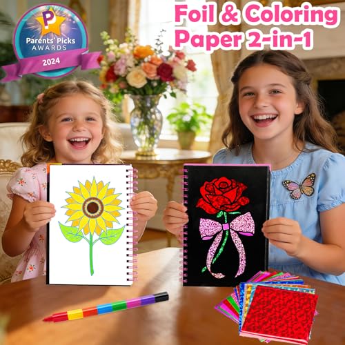 Image of FUNNYB&G Foil Art Craft Kit for Girls 4-10 Years Old: Mess-Free & No-Glue, Create 16 Sparkly Flower Pictures - Perfect Travel Toy & Birthday Gift for Kids(Flower)