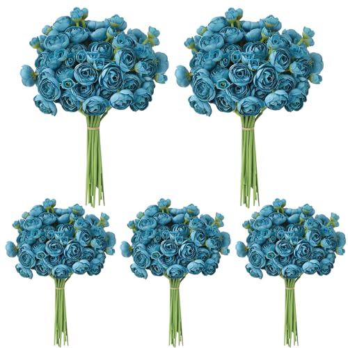 Ovveroche 5 Bouquets Teal Ranunculus Artificial Flowers 30 Pcs Silk Mini Faux Ranunculus Bouquet for Wedding Bridal Shower Centerpieces and DIY Decorations