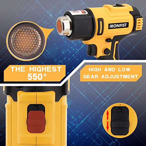 Ironfist Heat Gun Cordless Lithium 20V Hot Air Gun 2-Temp Setting Max 1022°F(550°C) Heat Gun For Crafts, Shrink Tubing, Resin & Decorating Compatible With Dewalt Battery (Tool Only, No Battery) #TOP3