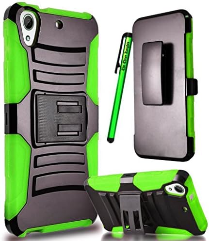 HTC Desire 626 626s (D626x) LTE Case, The3Knights[TM] Armor Shock Proof Heavy Duty Stand Rugged Armor Case Stand w/ Holster & Swivel Belt Clip Combination + The3Knights[TM] Classic Stylus Pen (Holster Green)