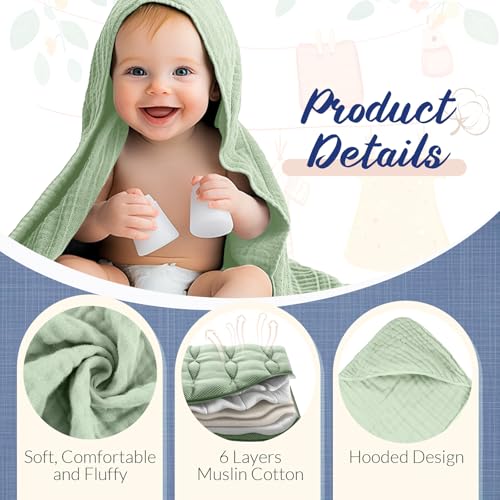 Image of VitalCozy 8 Pcs Baby Muslin Hooded Bath Towels and Washcloths, Muslin Hooded Baby Towels Absorbent Blankets for Gift Newborn Infant Shower (Cream Color)