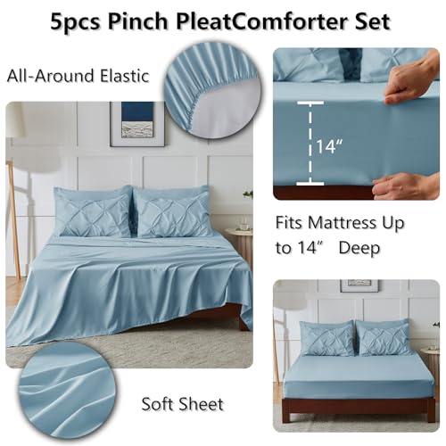 CozyLux Twin XL Comforter Set Light Blue, 5 Pieces Twin Extra Long Pintuck Bed in A Bag for College Dorm, Pinch Pleat Bedding Set with Comforter, Sheets, Pillowcase & Sham