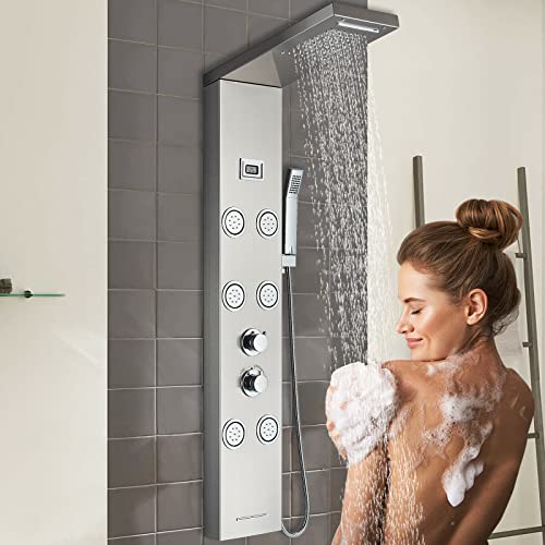Panel de ducha de acero inoxidable con cascada de lluvia y sistema de masaje corporal con mezclador miniatura 1