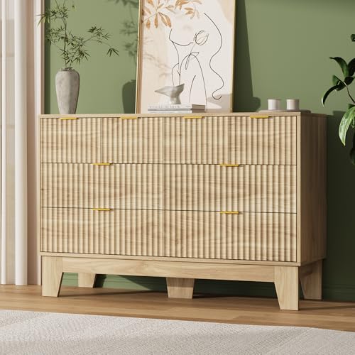 Image of Garvee 8 Drawer Dresser for Bedroom, 47 inch Wide Fluted Chest of Drawers with Metal Handle, Modern Wooden Dresser TV Stand, Clothes Storage Organizer Wood Closet for Hallway, Entryway, Natural Oak