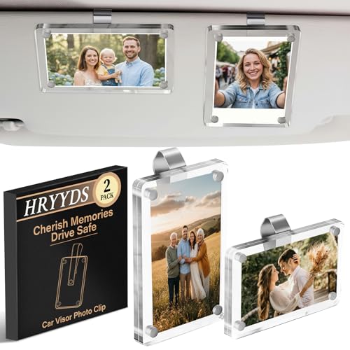 HRYYDS 2 Pack Car Picture Holder, Acrylic Magnetic Car Visor Photo Clip – Clear, Stable, Easy to Use, for Family Photos, Pet Pictures & More – Great Gift for Drivers