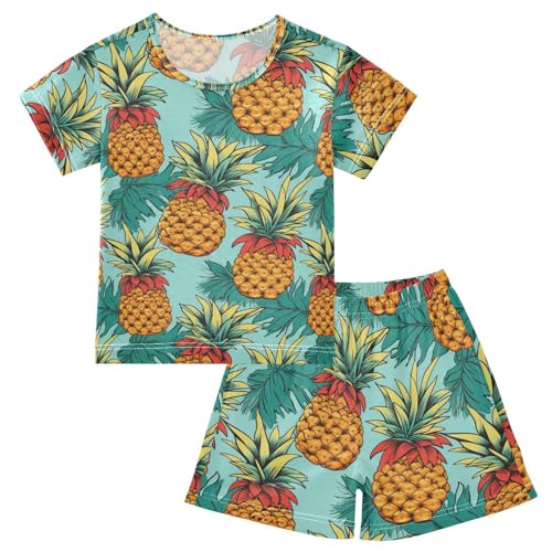ALAZA Pineapple and Green Red Leavs Pajama Set Short Sleeve Sleepwear Soft Lounge Nightwear