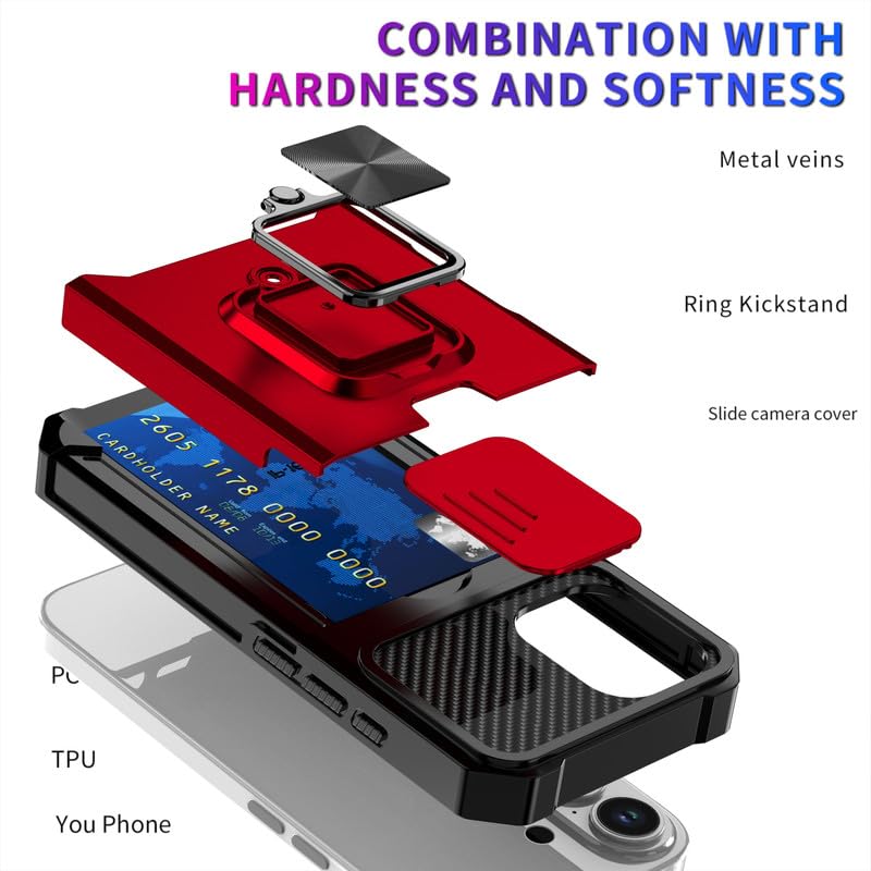 Image of LuxuryKase Shockproof Armor Case for iPhone 17 | Slide Camera Cover | Hidden Card Slot | Rotating Ring Kickstand | Magnetic Car Mount Support | Military Grade Protection - Red