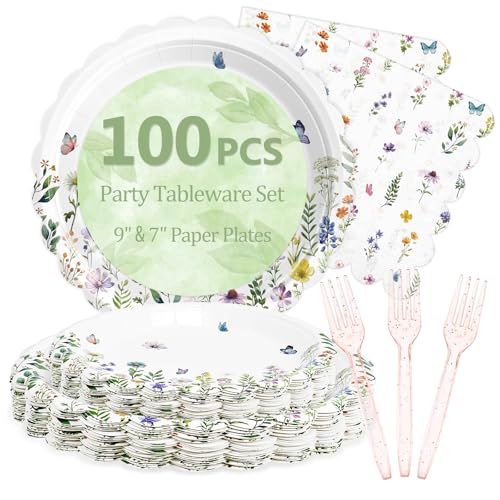Image of 100 Pcs Wildflower Paper Plates and Napkins Disposable Set for Party