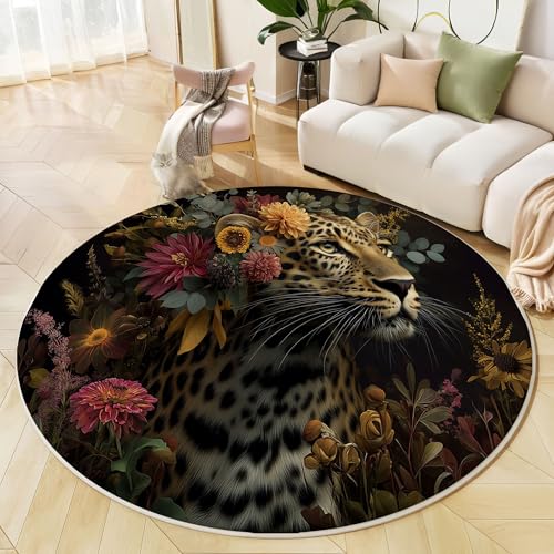 Tapis rond léopard gris foncé grand format lavable pour salon