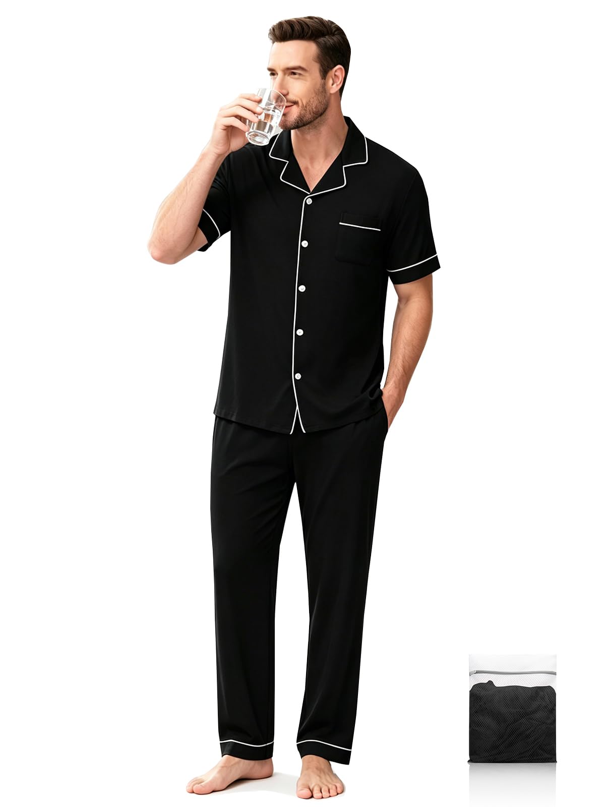 Men's Short Sleeve Pajama Set, Soft Cotton Button Down Sleepwear Top & Long Pants, Loungewear PJs with Pockets S-XXXL-image-36