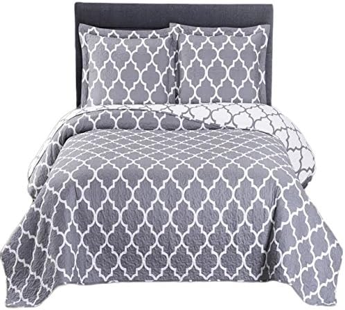 Royal TraditionMeridian-Grey Reversible Coverlets, California King Over-Sized 3pc Quilt Set (110-Inch Wide x 96-Inch Long) Lightweight Bedspread