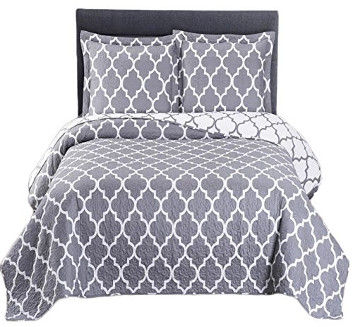 - Meridian- Grey with White- Full/Queen Size, Over-Sized Quilt 3pc set, Luxury Microfiber Printed Coverlet by sheetsnthings