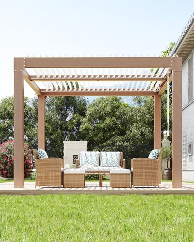 Image of GarveeLife Louvered Pergola 10 ft x10', Outdoor Pergola with Adjustable Louvered Roof, Reinforced Aluminum Frame, Integrated Drainage System, Hardtop Gazebo for Patio, Deck, Wood Grain