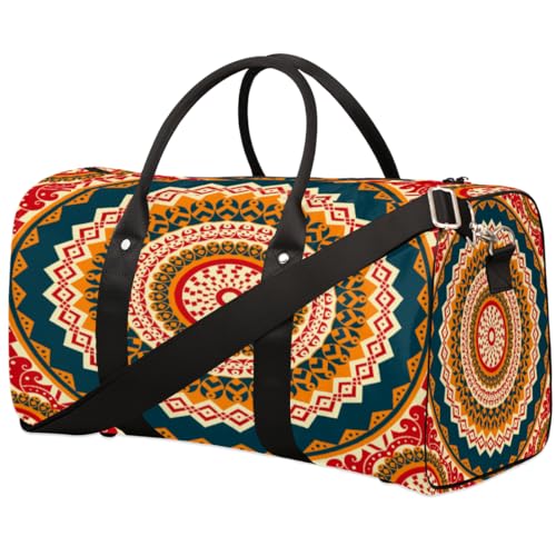 Mandala Print Travel Duffel Bag, Ethnic Tribal Sports Tote Gym Bag, Foldable Weekender Overnight Bag, Luggage Handle Bag for Women Men