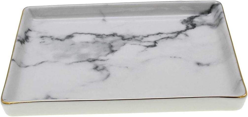 Nordic Grey Striped Marble Jewelry Plate Tray with Golden Edge,Exquisite Ceramic Rectangle Necklace Earrings Ring Storage Dish Trinket Tray Key Plate Holder for Wedding Christmas Birthday Decorative