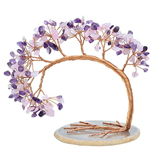 mookaitedecor Natural Amethyst & Rose Quartz Crystal Stone Money Tree with Agate Slice Base for Office Home Decor Wealth Luck Healing Crystal Stone Feng Shui Tree Ornaments