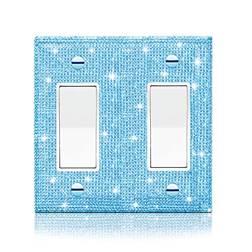 Image of Shiny Blue Rhinestones Light Switch Cover Decorative Outlet Covers Wall Plate Double Toggle Wall Outlet Rhinestone Wall Plate Cover Decorative
