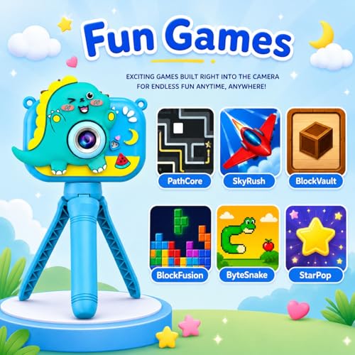 Image of Toy Imagine Dino Design Kids Digital Camera with Tripod 48MP HD Photos & 1080P Video Recording Filters,Frames & Inbuilt Games Birthday Gift for Boys & Girls Age 6-12 (Color Assorted) Card Not Included