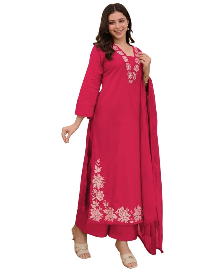 ANNI Designer Pure Cotton Embroidered Kurta Set for Women | Rust Orange Kurta with Pants & Dupatta | Floral Neck & Hem Embroidery | Cotton Kurta Set for Women | 10 Colour Options Available