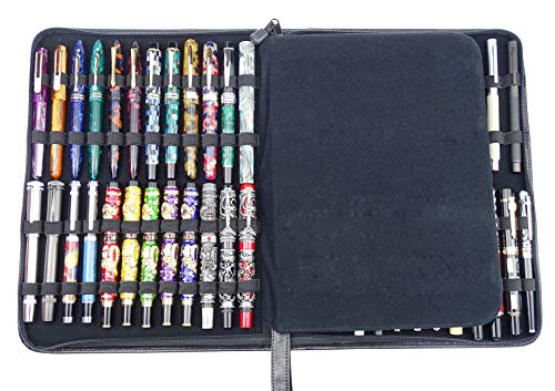 Funda de piel de vaca negra para pluma estilográfica, bolsa para bolígrafo de punta rodante, 46 ranuras, para varios tamaños de bolígrafos