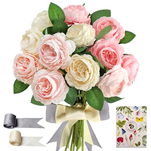 SNAIL GARDEN 12 pcs Vintage Fleurs Artificielles Faux Pivoine Blossom en Soie Bouquet pour Mariage Nuptiale Fête À La Maison Festival Arrangements Floraux Décoration (Rose Profond/Rose/Blanc)