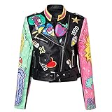 WEIFAN Damen Lederjacke Kunstleder Reißverschluss Cartoon Style Graffiti Print Kurzmantel Damen Rock Punk Slim Fit Biker Top