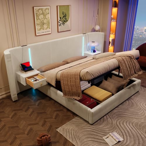 Moimhear Cama tapizada, 180 x 200 cm, con tira LED, espacio de almacenamiento hidráulico, 2 cajones, sin colchón, USB + tipo C, terciopelo, sin colchón (beige)