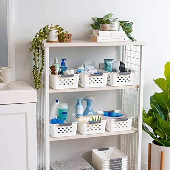 IRIS USA Plastic Basket, 8-Pack, Small, Shelves Storage Basket for Organizing Pantry Kitchen Cabinet Bedroom Bathroom Office Craft Room, White