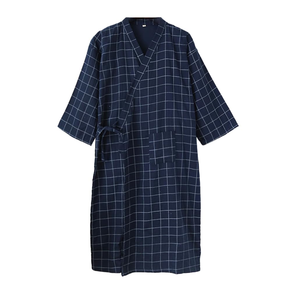 Hombres Algodón Kimono Robe SPA Albornoz Mediados de Longitud Plaid Sleepwear Kimono japonés para Hombres