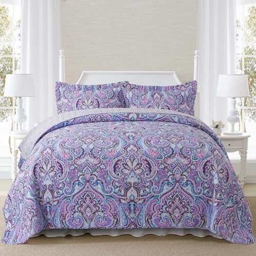 NEWLAKE Cotton Bedspread Quilt Sets-Reversible Patchwork Coverlet Set, European Purple Floral Pattern, King Size