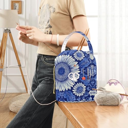 Image of Tatenale Crochet Bag Yarn Bag Knitting Project Bag with Pockets and Handle Portable Yarn Storage Organizer Tangle Free 8.3x11 InchBlue and White Sunflowers Leaves10