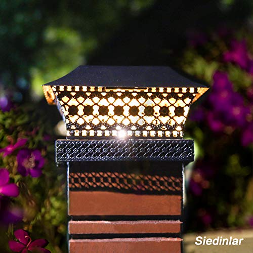Siedinlar Solar Post Lights Outdoor Fence Deck Cap Light Solar Powered Metal Warm White LED Lighting Waterproof for Garden Patio Decoration 4x4 5x5 Wooden Posts Black (2 Pack)