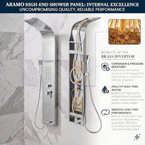 Image of ARAMO Shower Panel - Wave with Waterfall Shower, Massage Jet, 5 Water Functions (Chrome)