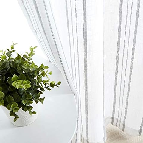 SXZJTEX Farmhouse Grey Striped Cafe Curtains 63 inch Length 2 Panels for Living Room Bedroom Rustic Sheer Grommet Striped Linen Window Treatment Curtains, Grommet Top, 42" x 63" Cover