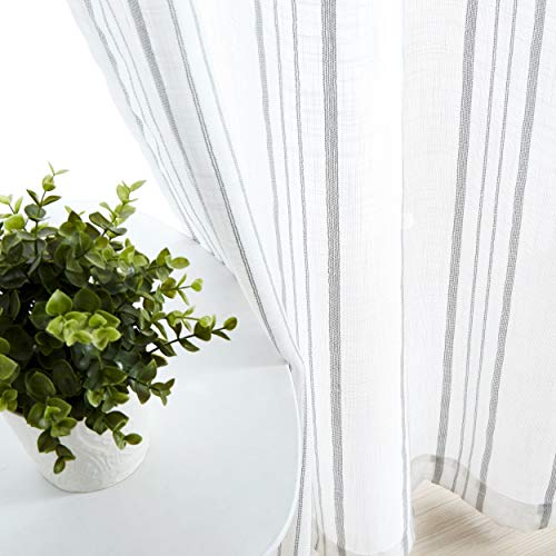 SXZJTEX Grey and White Striped Cafe Curtains 84 Inch Length 2 Panels for Living Room Bedroom Boho Farmhouse Sheer Stripe Linen Textured Window Treatment Drapes, Grommet Top, 42" x 84"